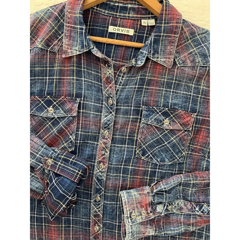 Orvis Womens XL Indigo Plaid Flannel Shirt Faded Western Metal Buttons Soft